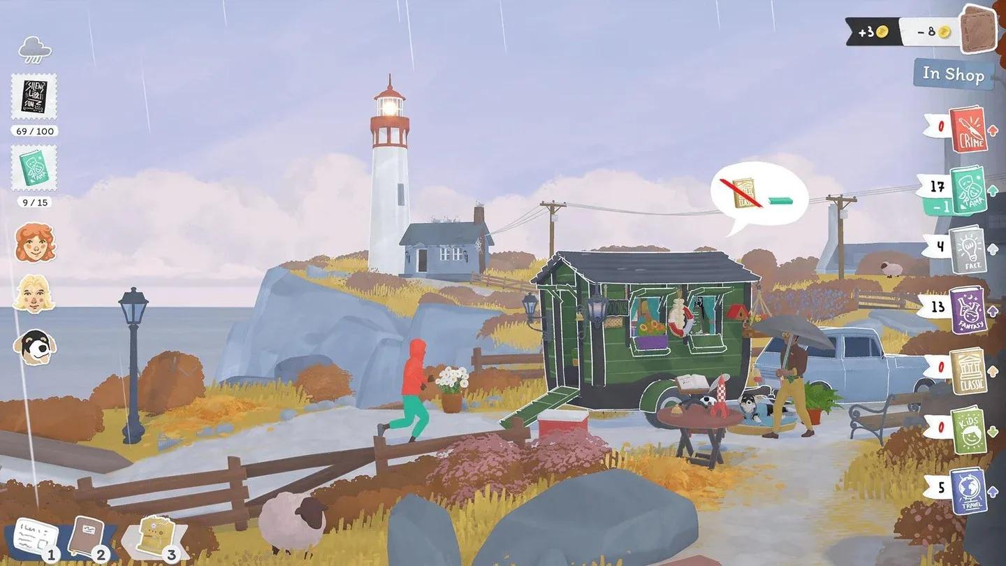 A traveling bookshop and its surroundings in Tiny Bookshop