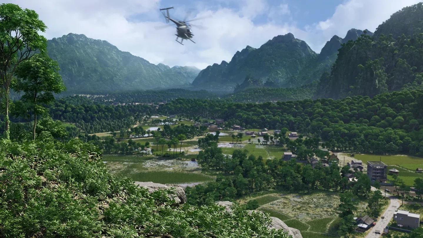 A military helicopter flies over a lush green valley with scattered village buildings in Gray Zone Warfare