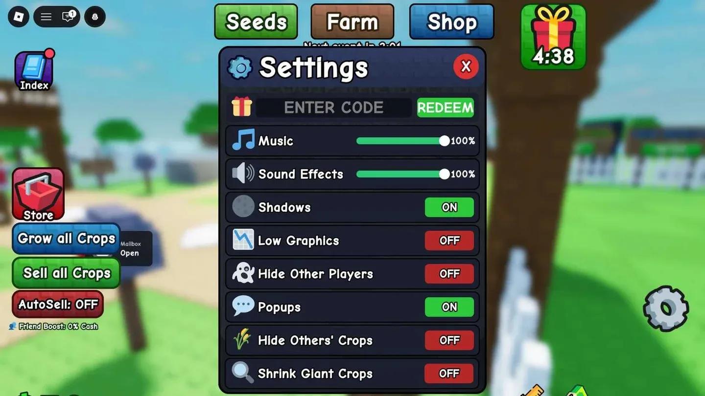 Settings menu code entry
