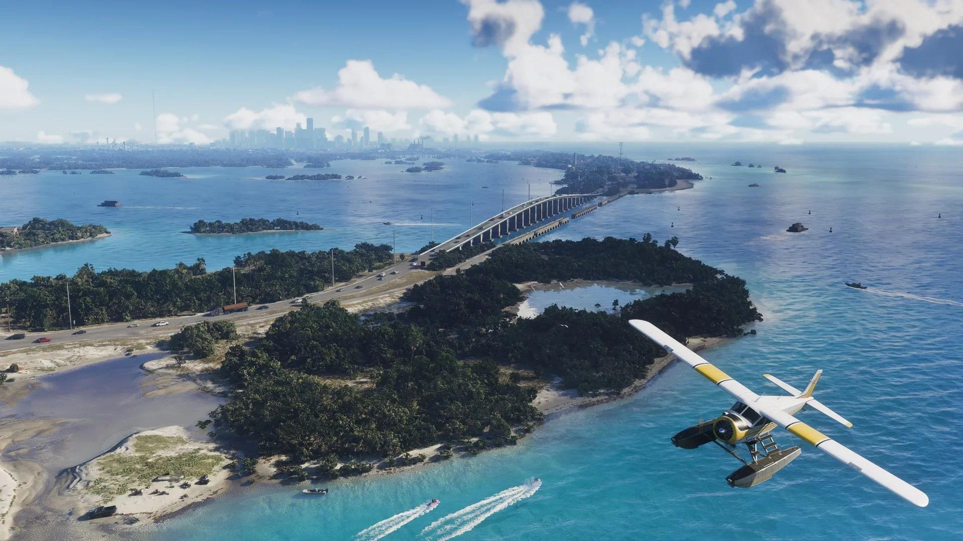 Aerial view of Vice City's coast in GTA 6, a seaplane flying over green islands, a long bridge and the city skyline
