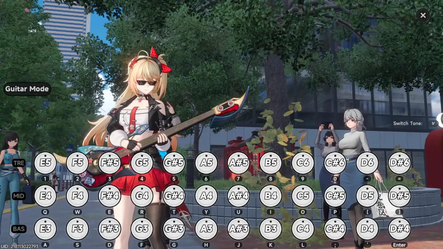Akane Rin performing guitar in Hethereau open world during NTE half-anniversary