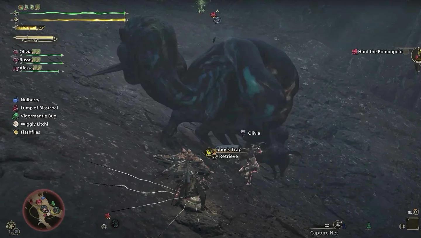 A hunter positioning a Pitfall Trap to capture Yian Kut-Ku