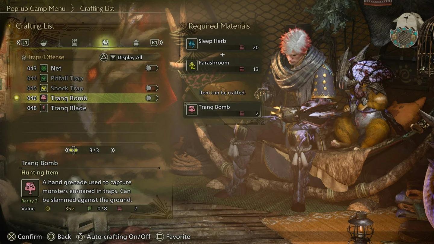 Tranq Bomb recipe showing Sleep Herb and Parashroom ingredients