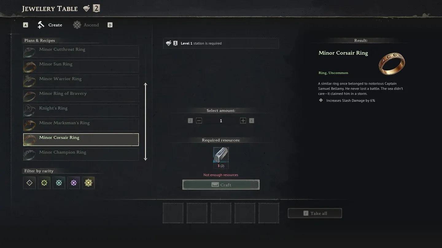 Jewelry Table crafting screen