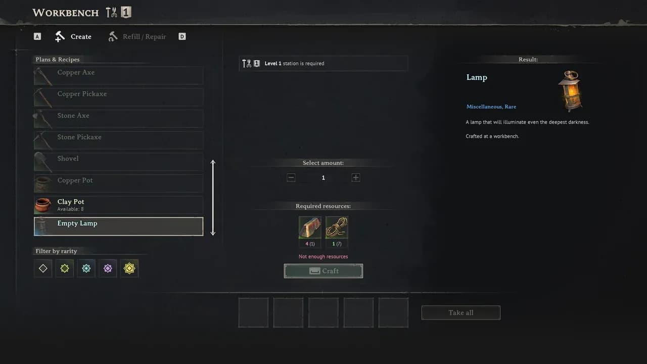 Empty Lamp recipe: 4 Copper Ingots, 1 Rope