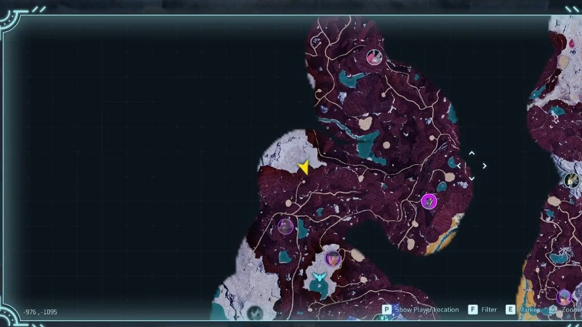 Mapa de Feybreak mostrando as áreas de Scorched Hill, Stone Pillar Cave e The Oculus Gate