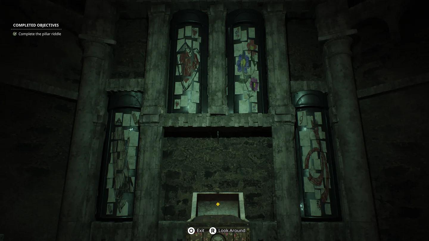 Four rotating pillars in convent room during Secrets of Mirrors puzzle in Remothered Red Nuns Legacy