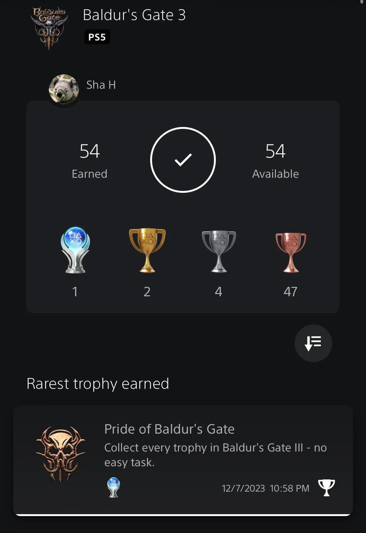 Full PS5 trophy list view