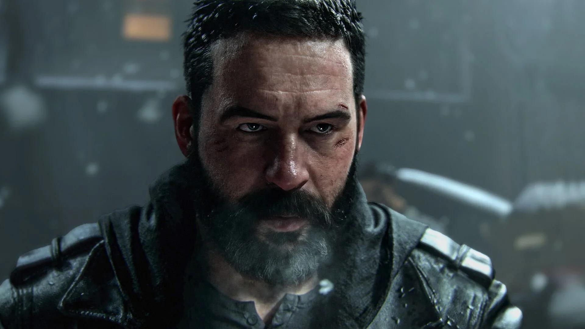A bearded, scarred soldier in a dark jacket stares ahead in a Modern Warfare 4 cutscene