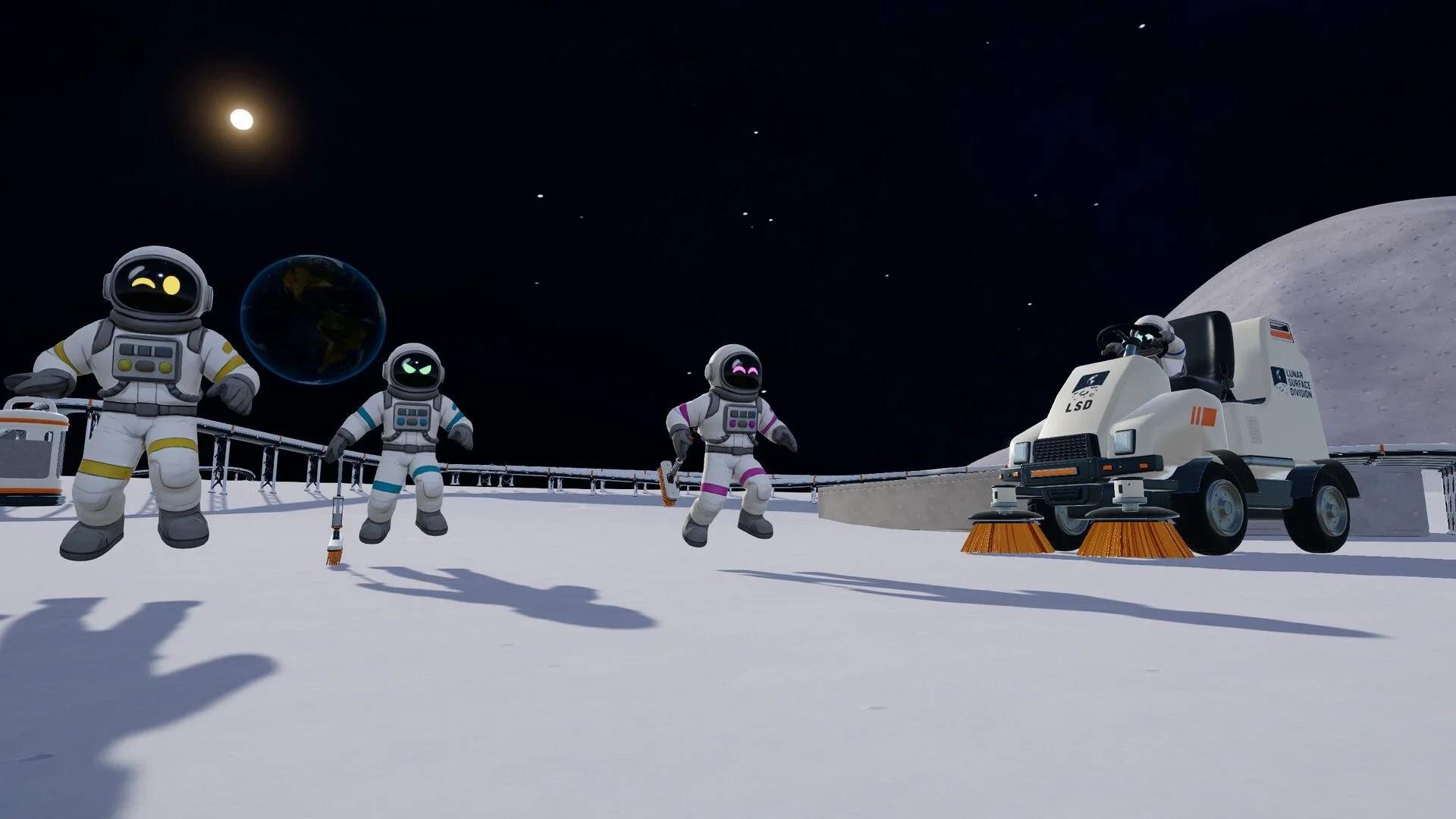 Three astronauts and a cleaning vehicle sweeping a strip of lunar dust in Moon Sweepers, with Earth in the sky