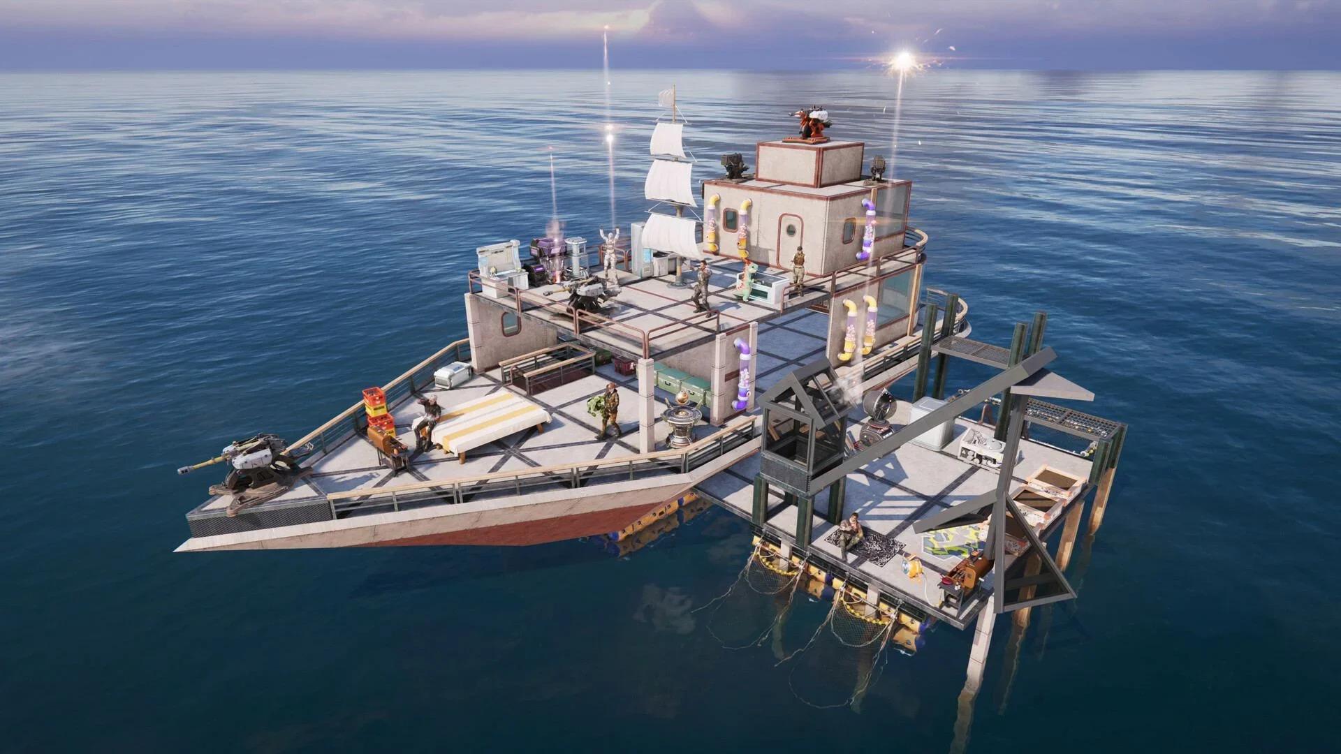 A player-built ship base with decks and cabins floating on open blue ocean in Once Human
