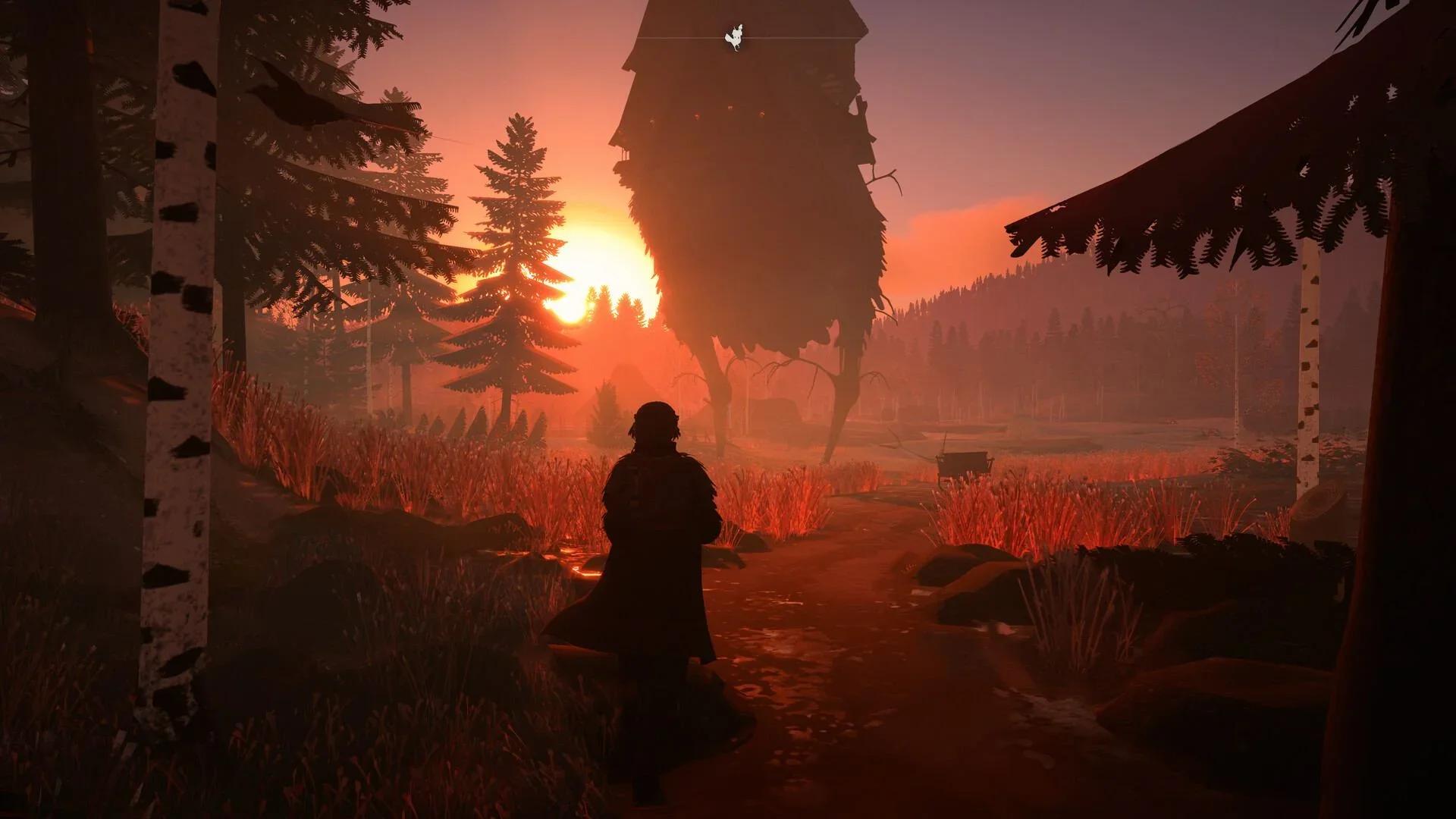 A young witch walks a forest path at sunset while a cottage on long chicken legs strides through the trees behind her in REKA
