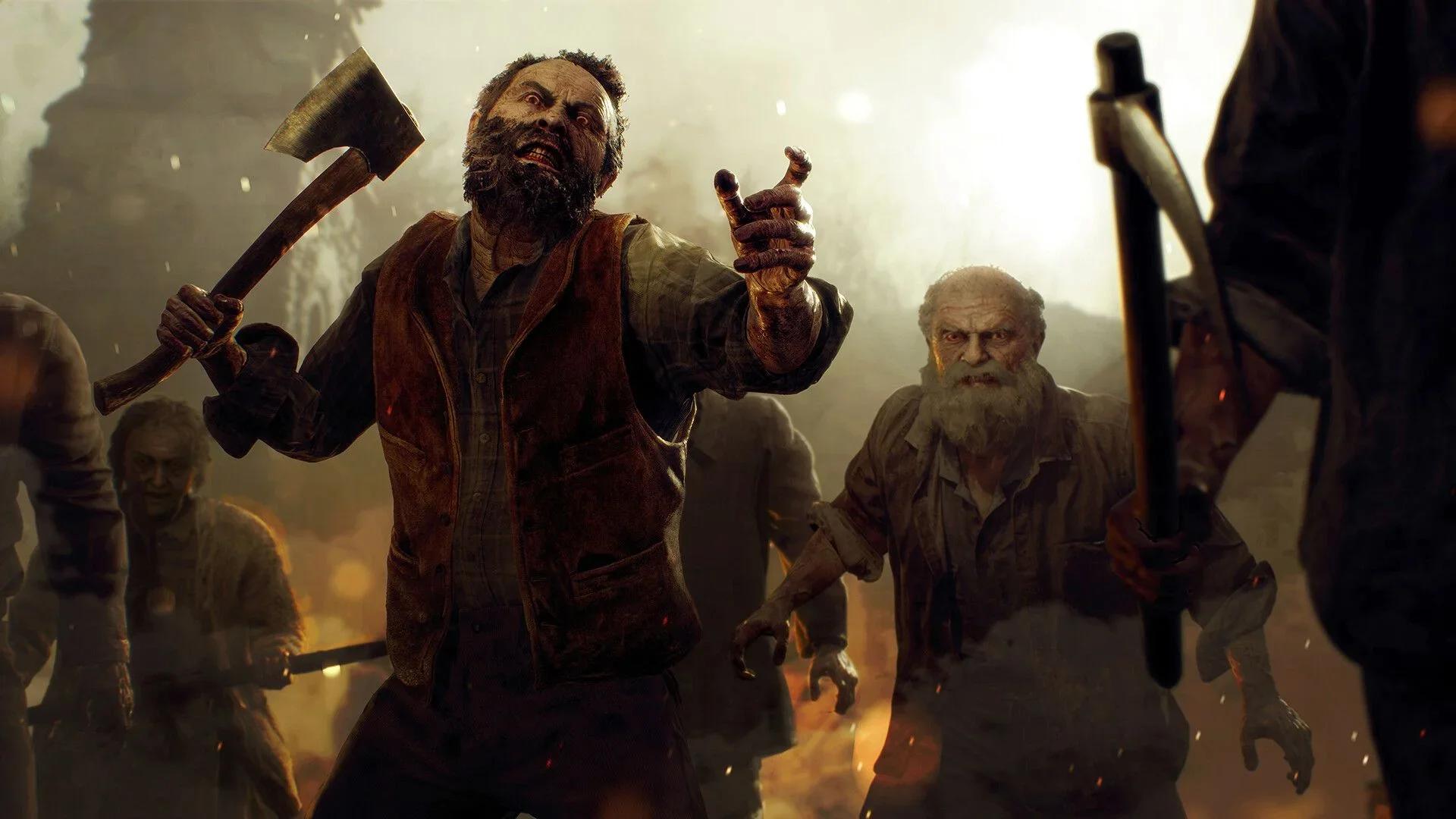 Villagers with an axe and a pitchfork close in through the firelight in the Resident Evil 4 remake