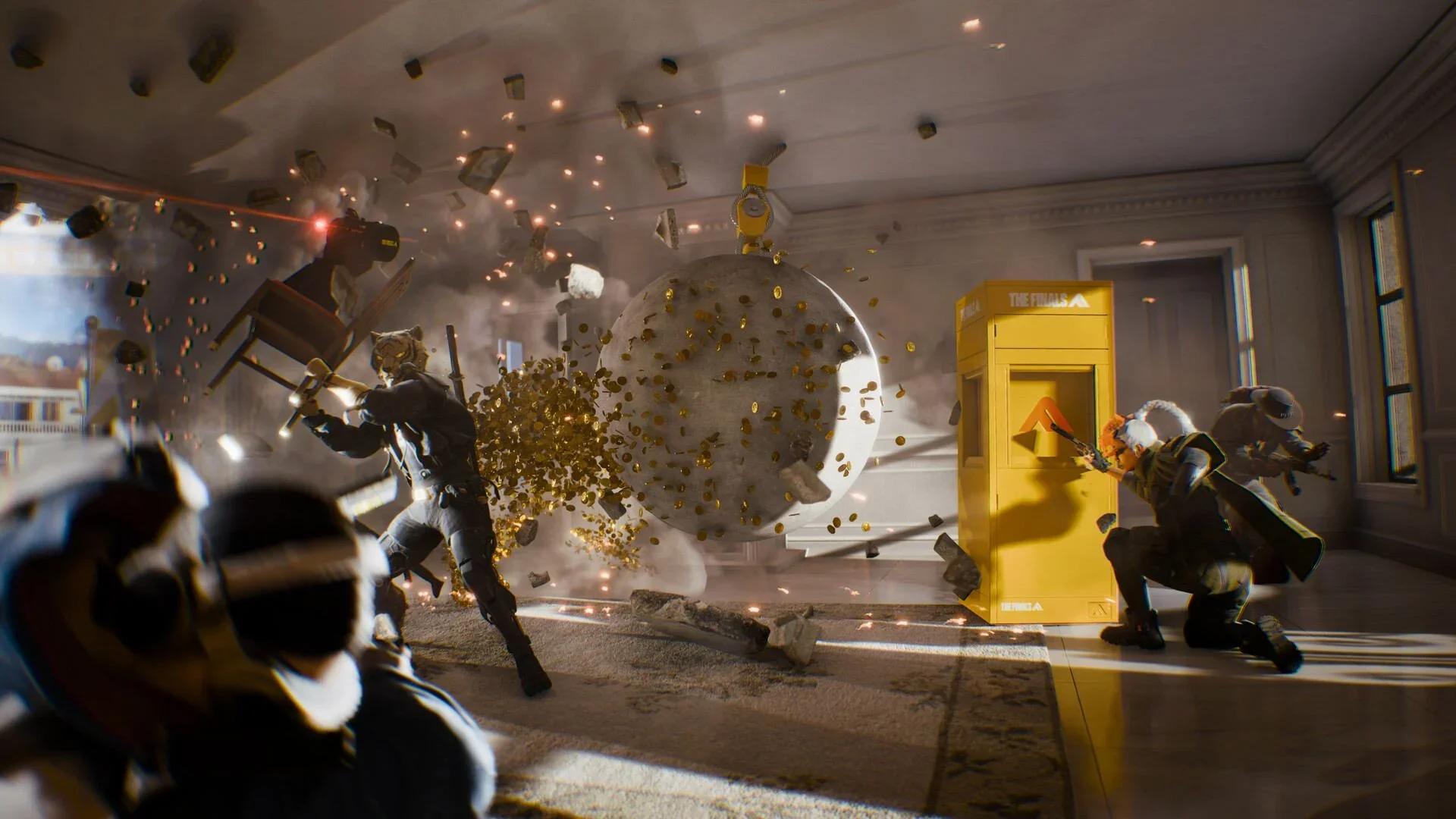 Contestants blast into a room in The Finals as a vault bursts open and cash and debris fly through the air
