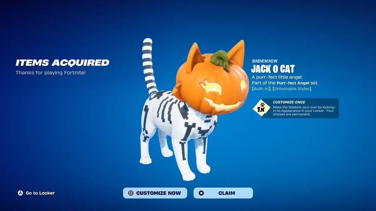 Danh sách Jack-O'-Cat sidekick trong tab Locker of Horrors của Item Shop trong Fortnite