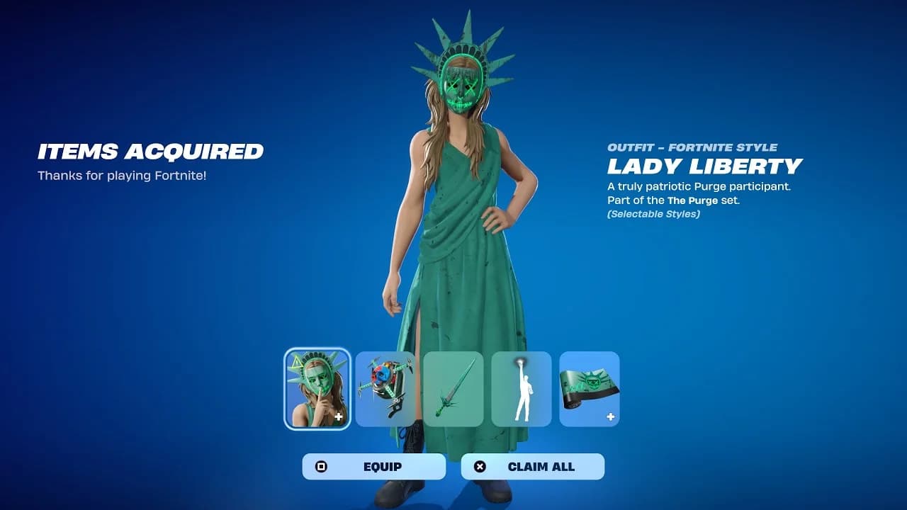 Fortniteのロッカーに表示されたLady Liberty Purgeコスチューム