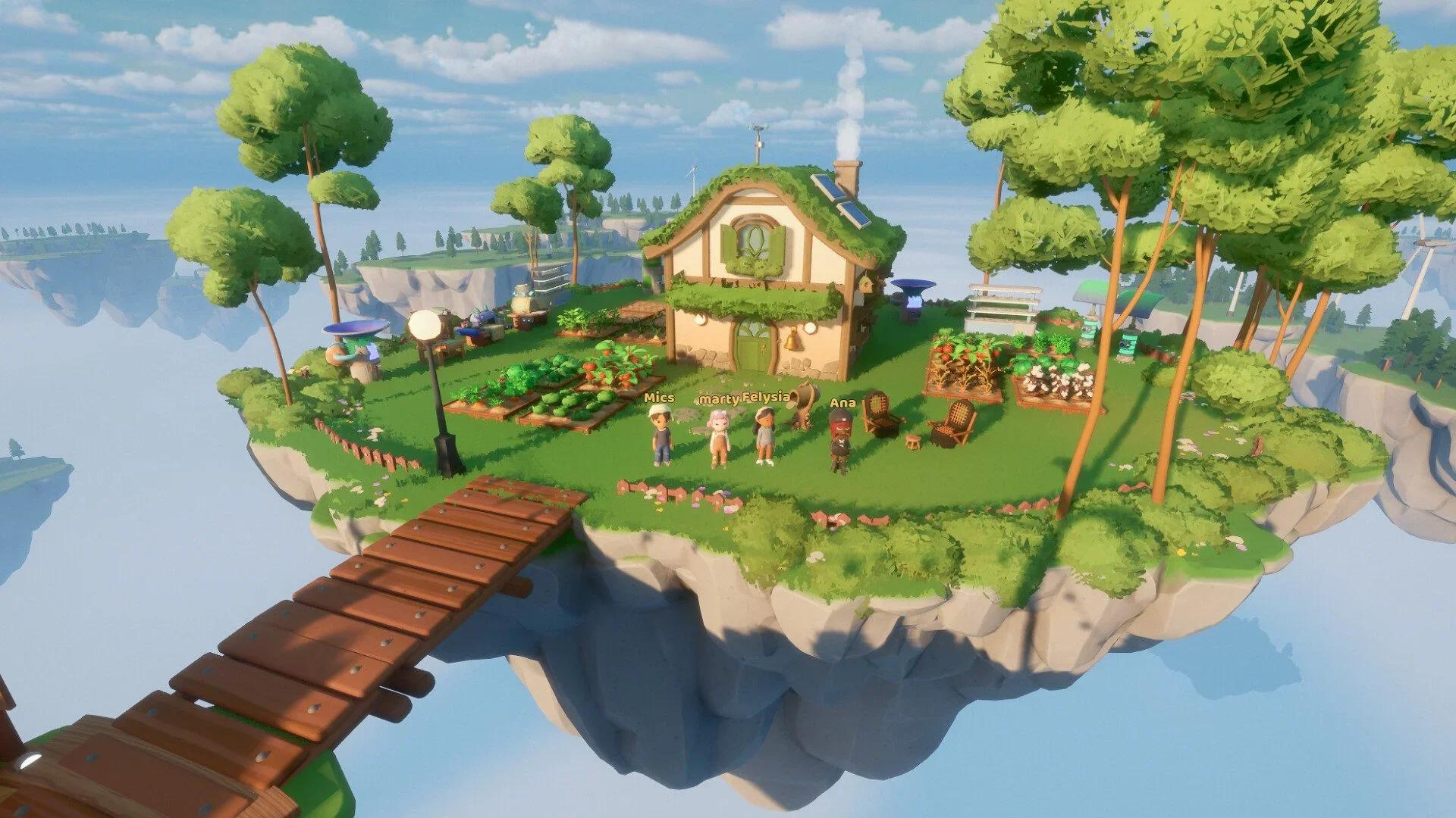 A cottage with a grass roof and vegetable beds on a floating island in the sky, with four players in front of it and a wooden bridge leading in, in Loftia