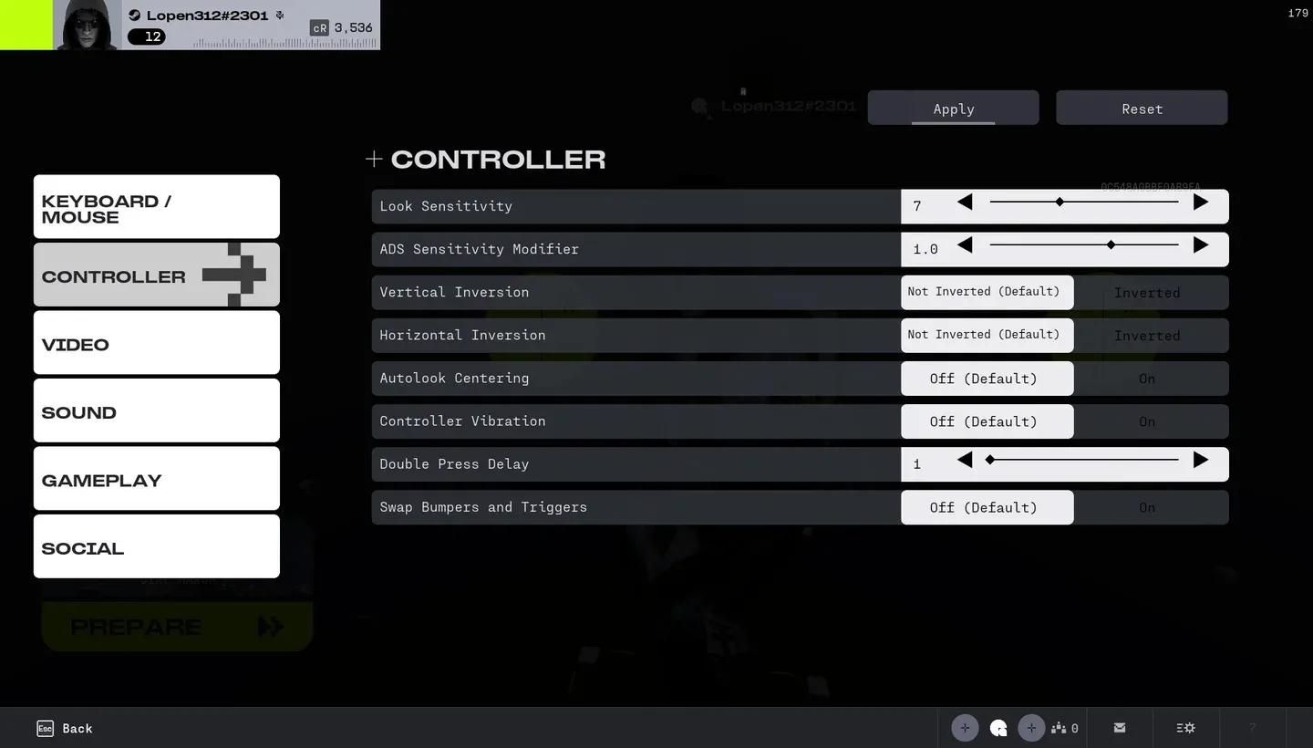 Marathon controller sensitivity screen
