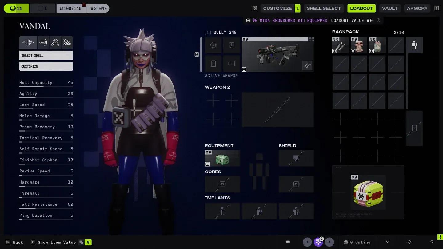 Pantalla de configuración de loadout de Vandal