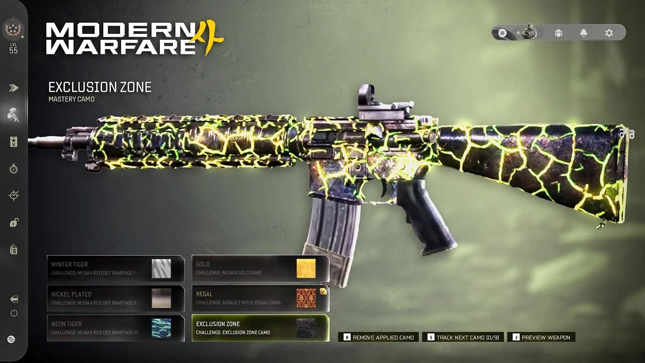 Modern Warfare 4 迷彩挑战选项卡，显示大师迷彩进度