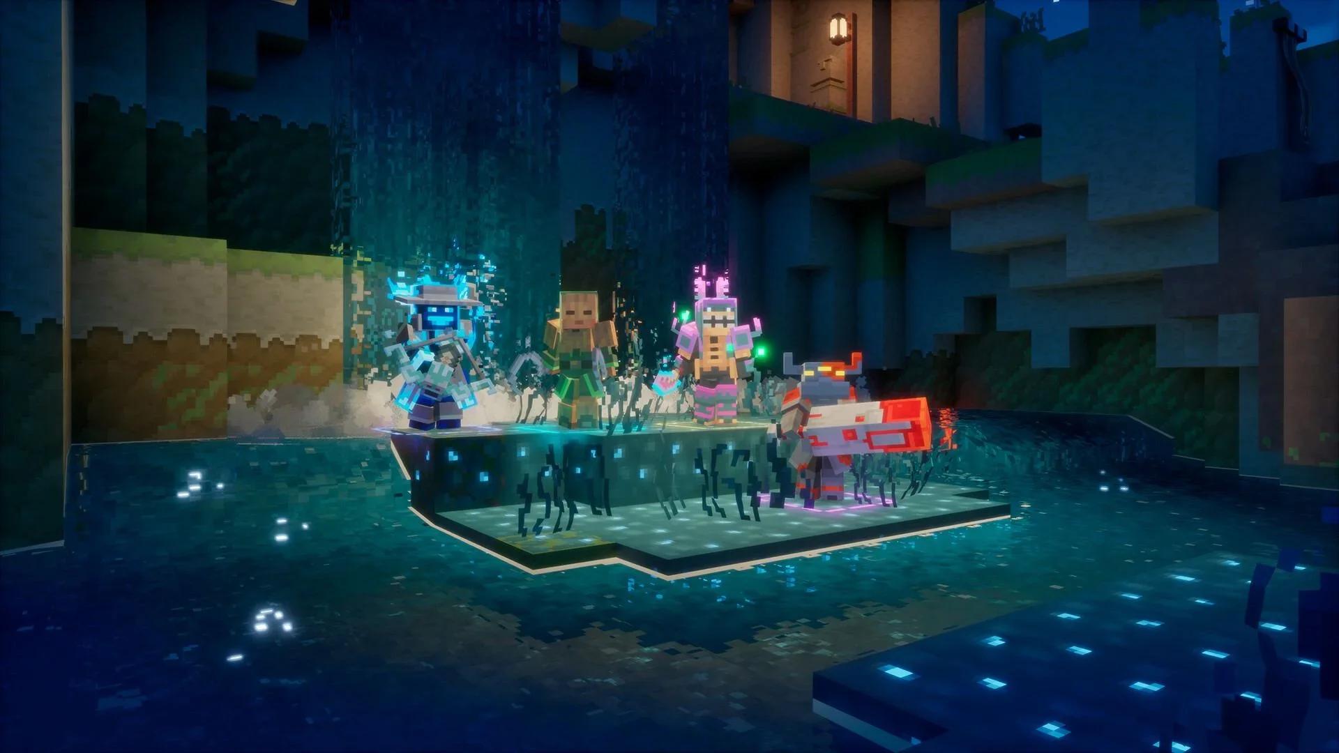 Four Minecraft Dungeons II heroes standing on a stone platform in a glowing blue underground cave