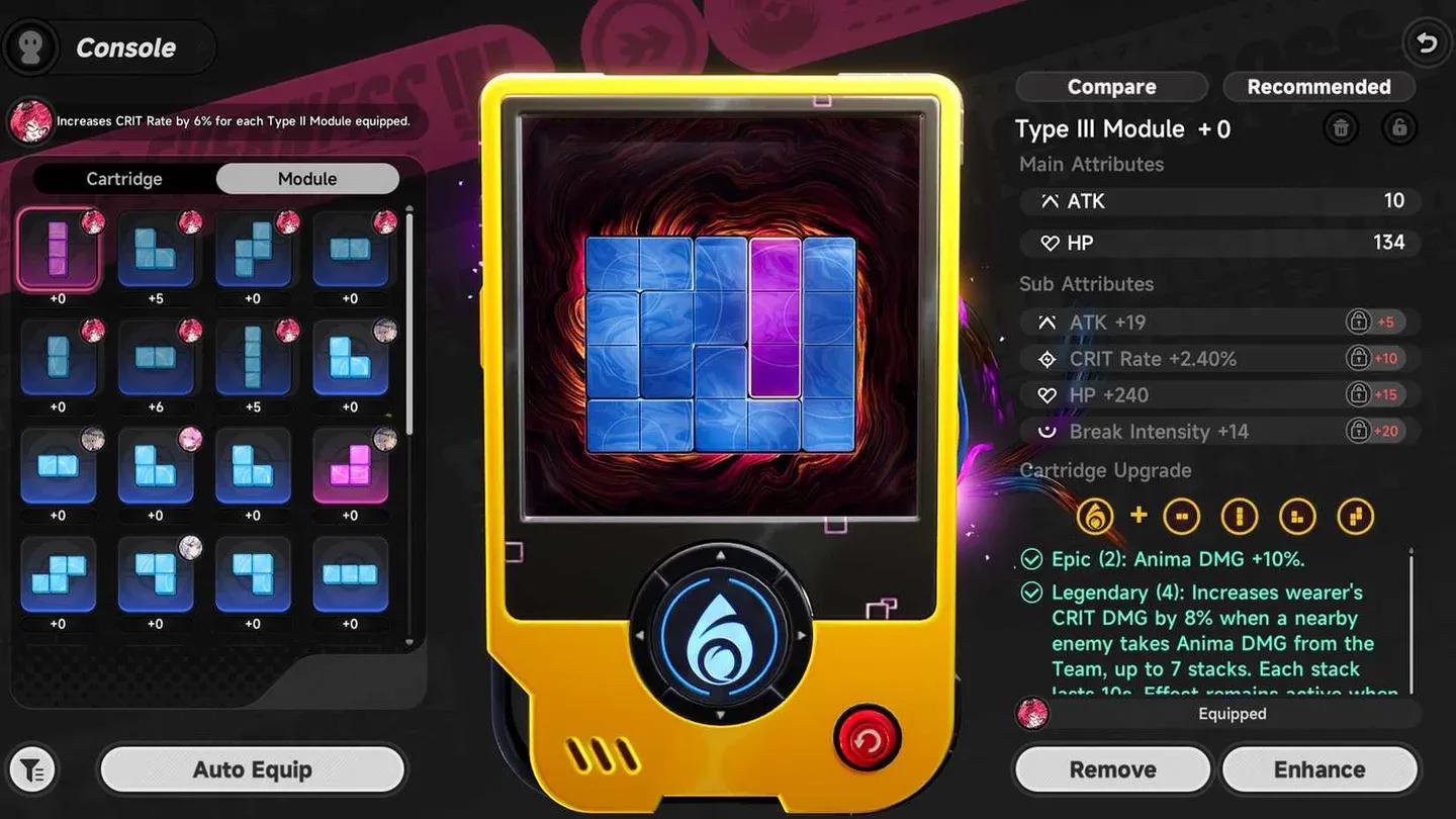 Cartridge set bonuses screen