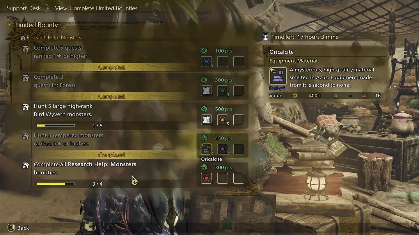 Support Desk Limited Bounties menu showing objectives, rewards, and the refresh timer