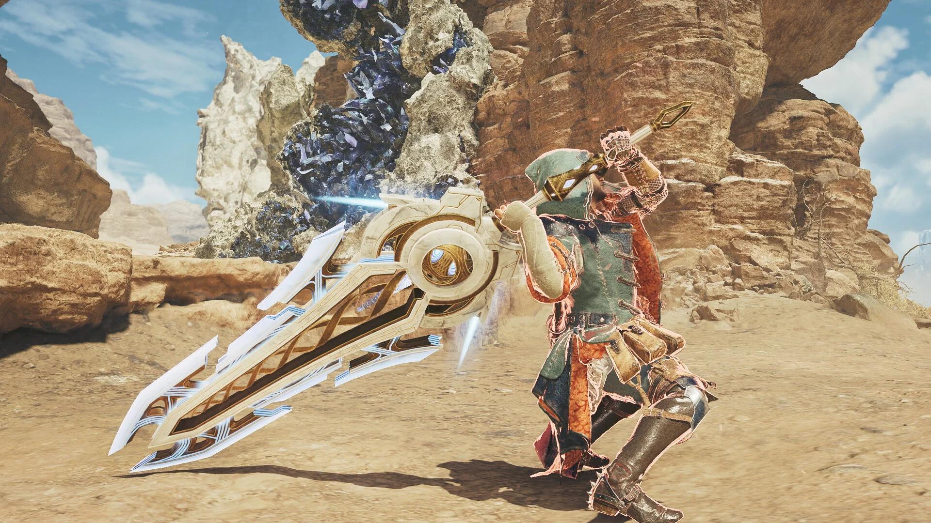 A hunter character wielding the Cosmoloid Blade layered great sword in a desert environment
