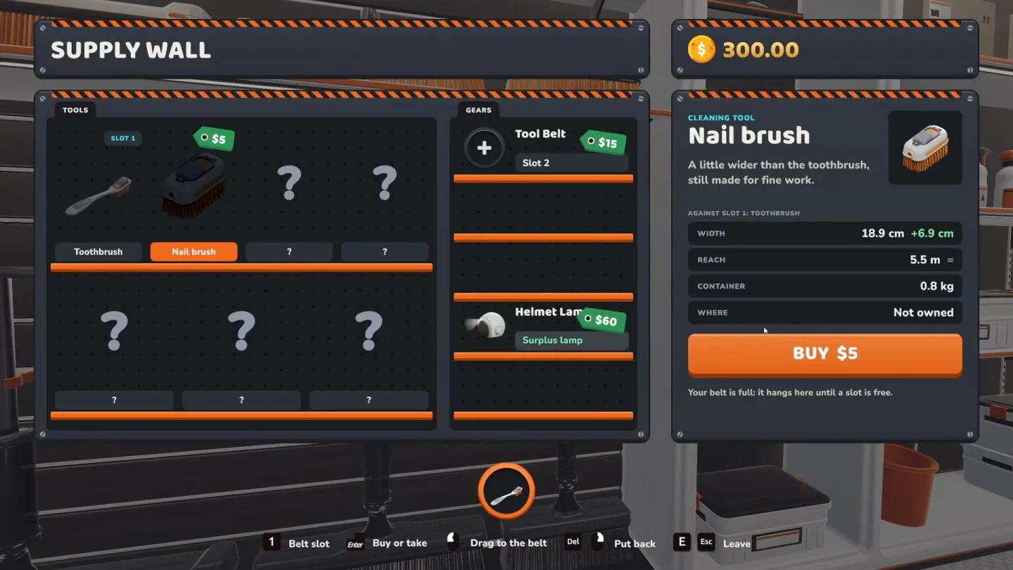 Moon Sweepers beginner brush purchase screen showing tool prices