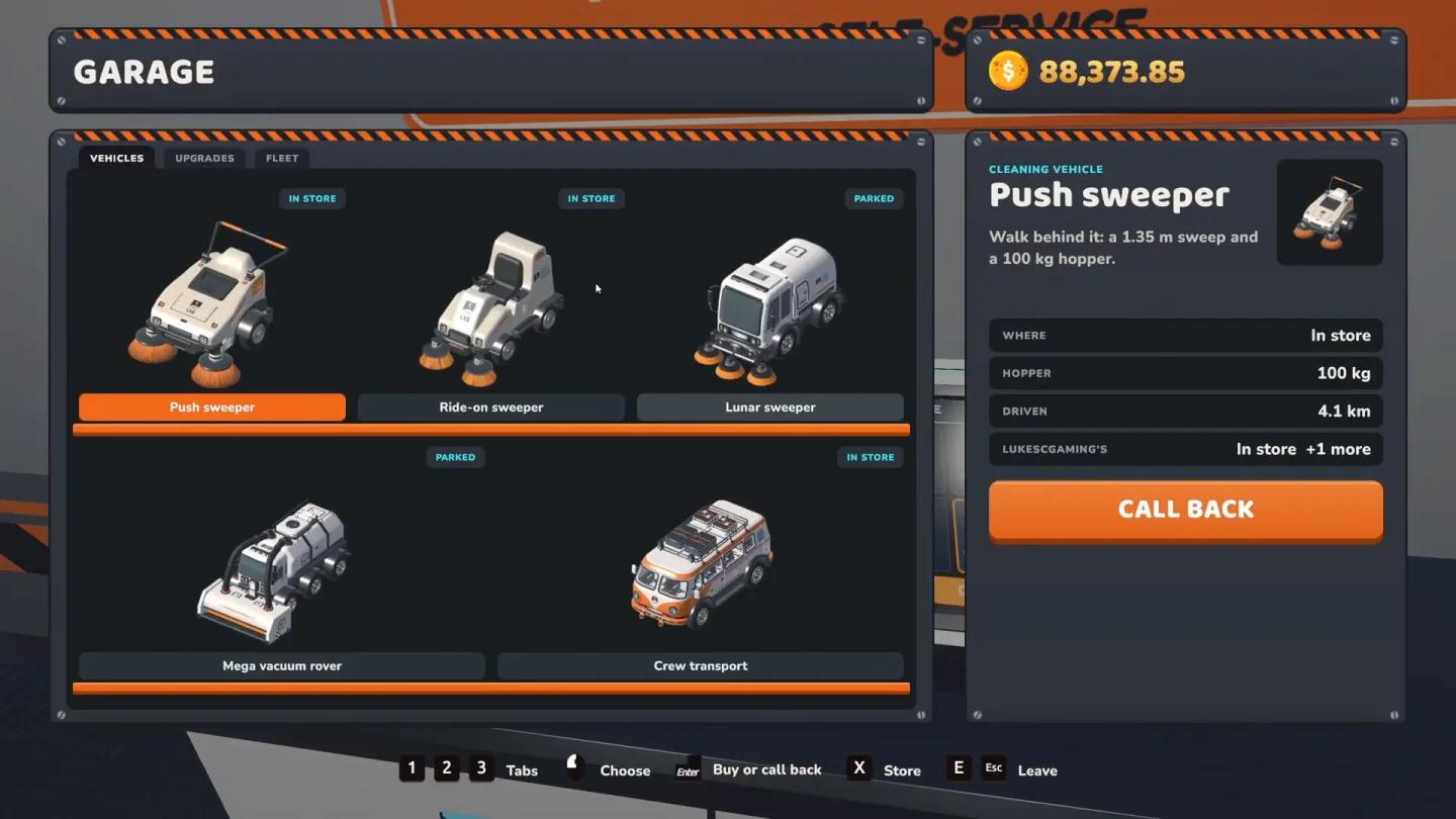 Garage menu showing vehicle list with prices and capacity stats