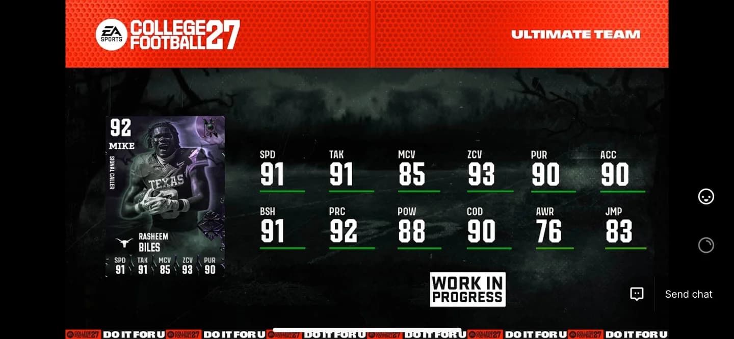 Estadísticas de la carta Williams Nwaneri Nightmares 85 OVR REDG en College Football 27 Ultimate Team