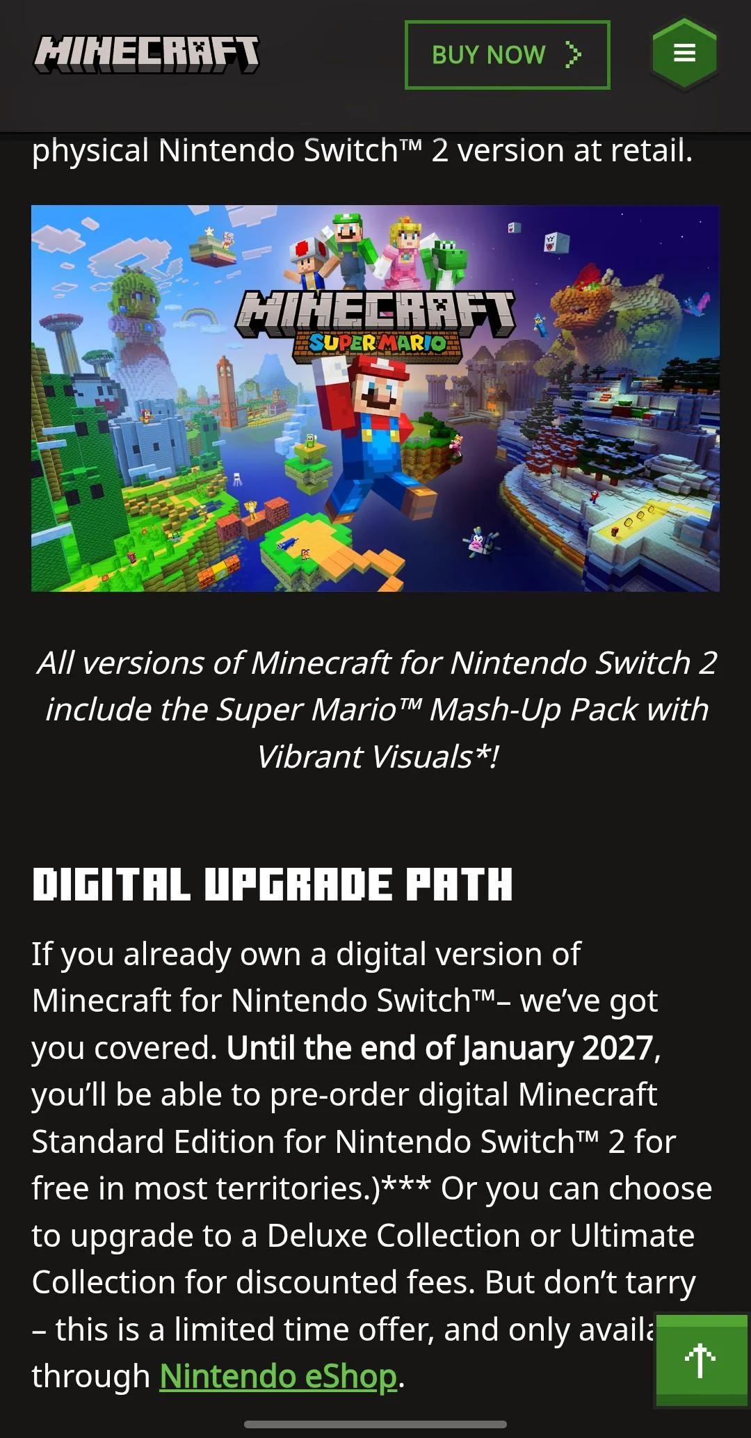 Minecraft for Nintendo Switch 2 free upgrade claim button on Nintendo eShop