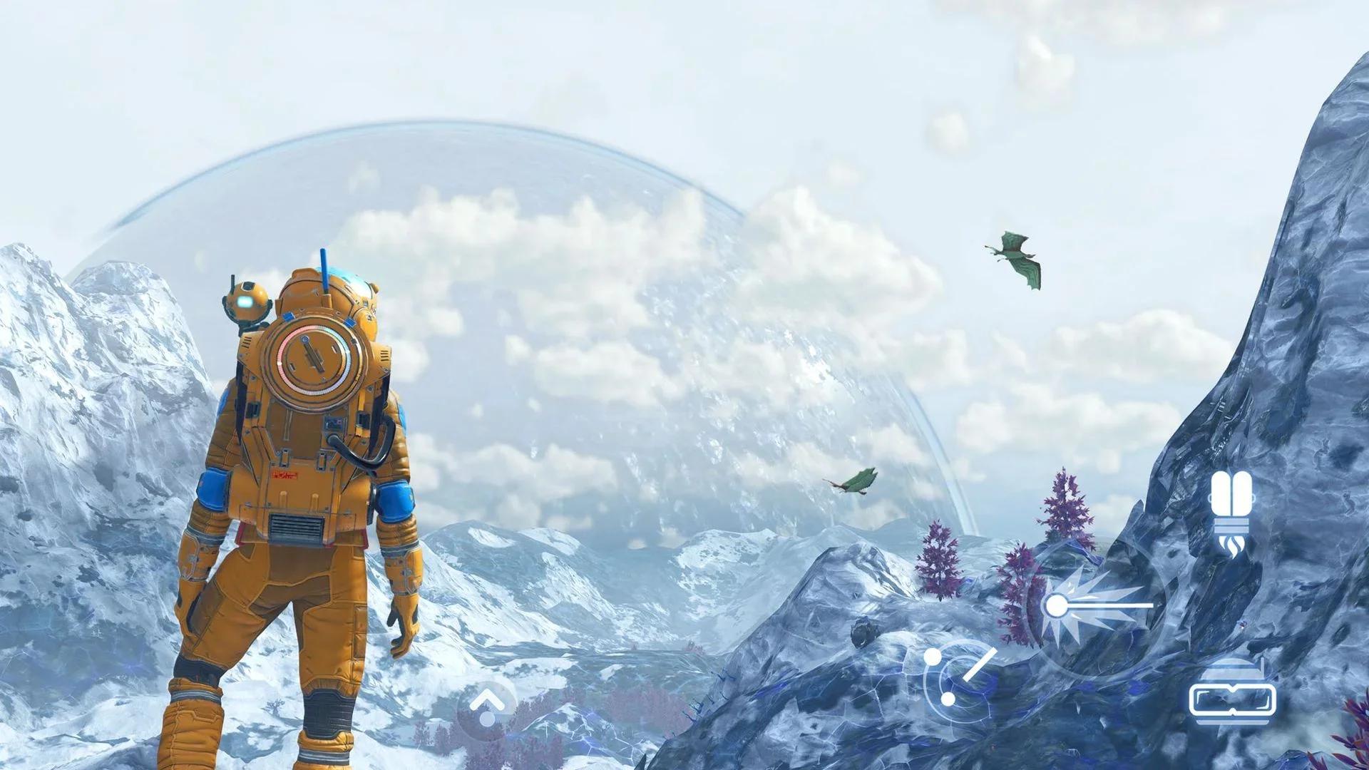 An astronaut in an orange suit on a snowy planet under a glass dome in No Man's Sky on iPhone, with the touch controls on the right