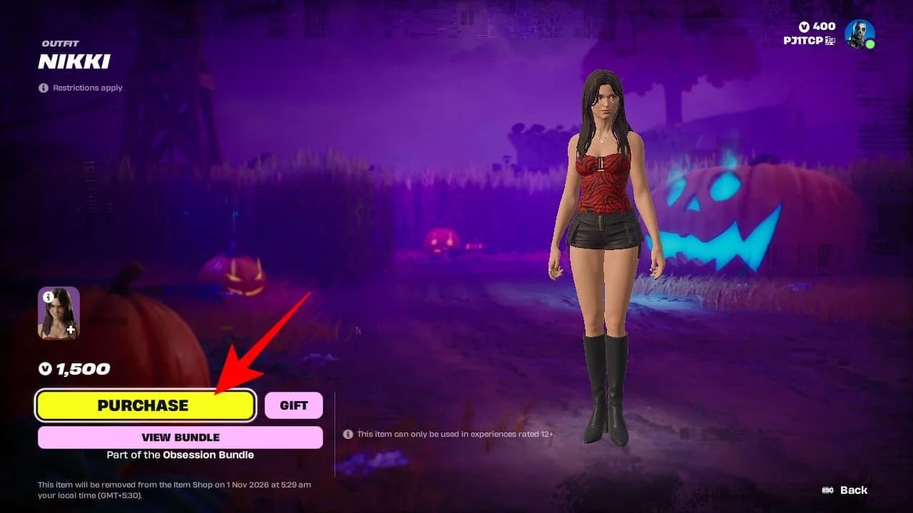 Skin Fortnite Obsession Nikki hiển thị trong Item Shop