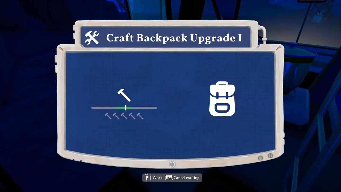 Sewing Table backpack upgrade menu