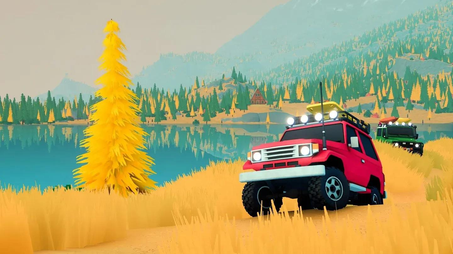 Over the hill 4x4 off-road vehicle crossing a biome