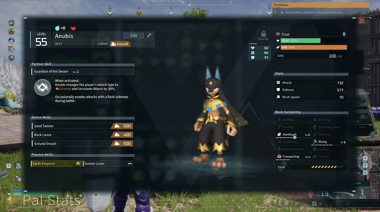 Anubis'in El İşçiliği, Madencilik ve Taşıma gösteren çalışma uygunluğu ekranı