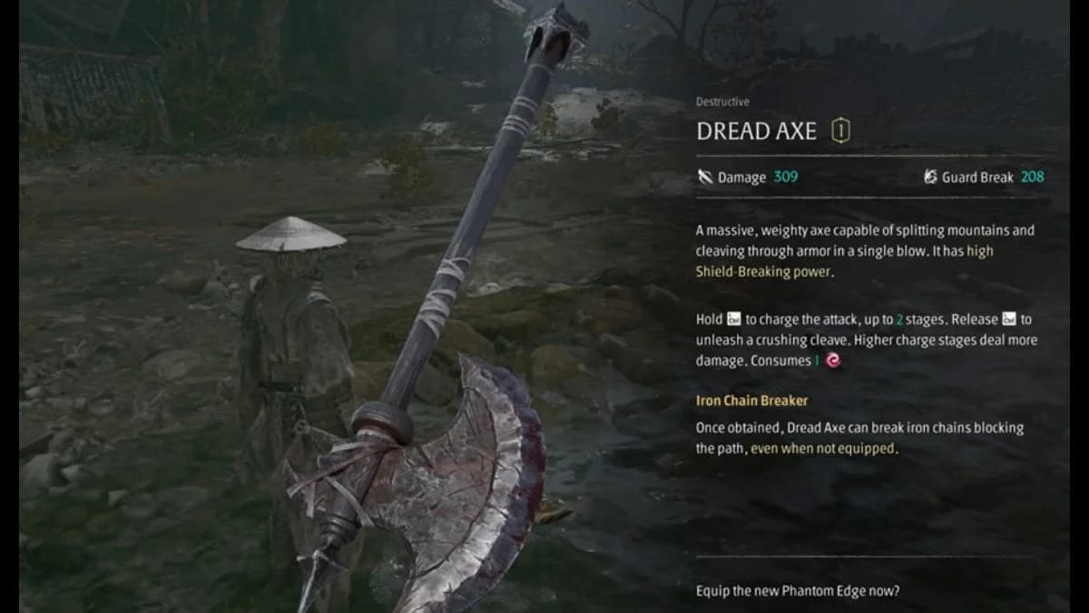 Soul sử dụng Dread Axe để phá vỡ các sợi xích sắt trên một con đường bị chặn
