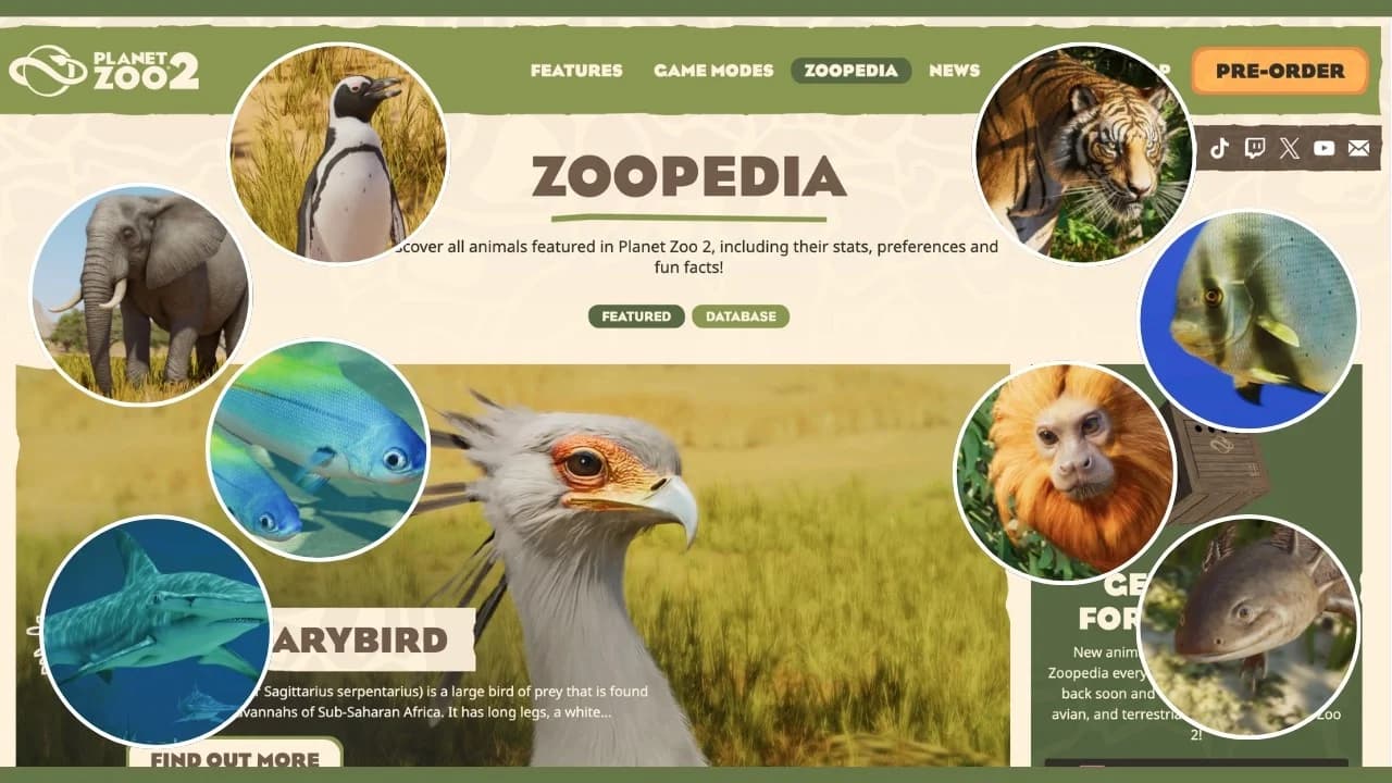 Planet Zoo 2 Zoopedia showing full animal species list