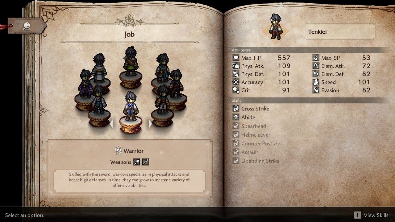 Job selection menu interface