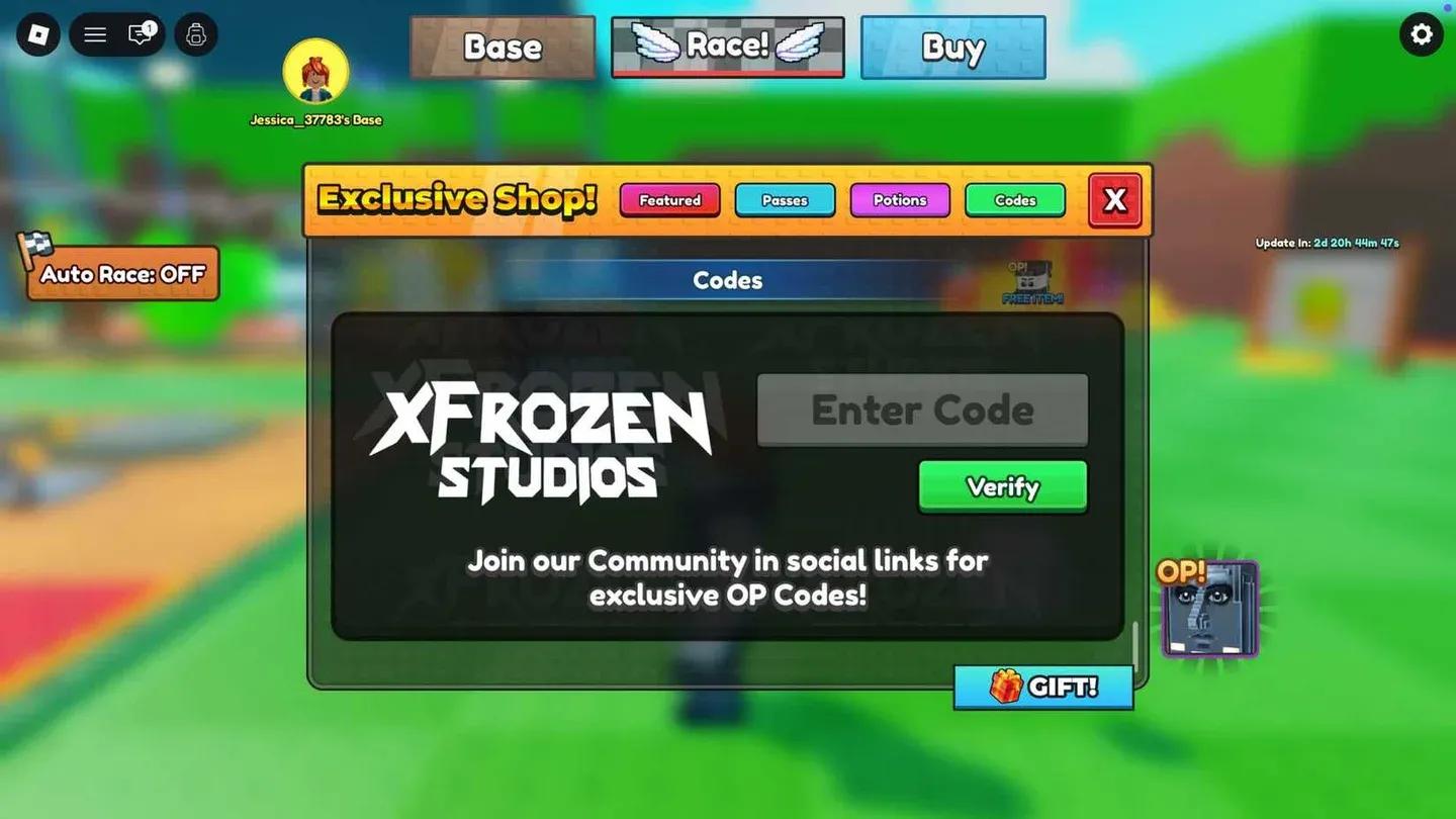 Codes menu in Lucky Block