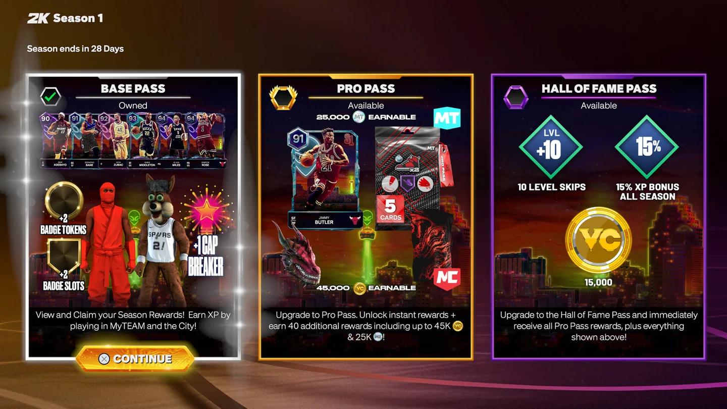 Interfaz de usuario de reclamo de recompensas de nivel del Season Pass de la temporada de NBA 2K27