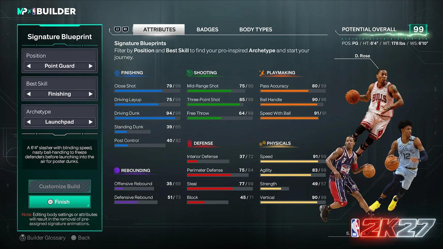 Pantalla de build de atributos de MyPLAYER de la temporada de NBA 2K27