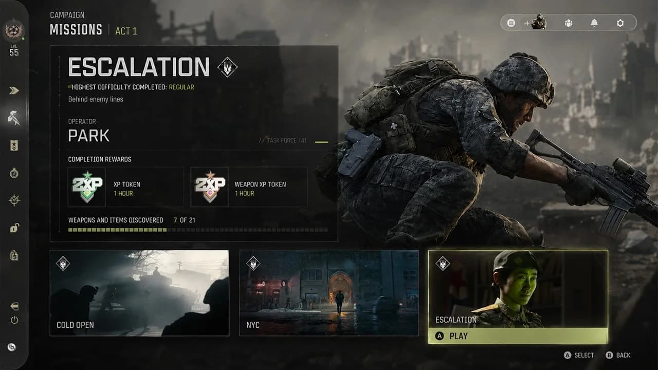 Call of Duty Modern Warfare 4 कैंपेन मिशन सिलेक्शन स्क्रीन