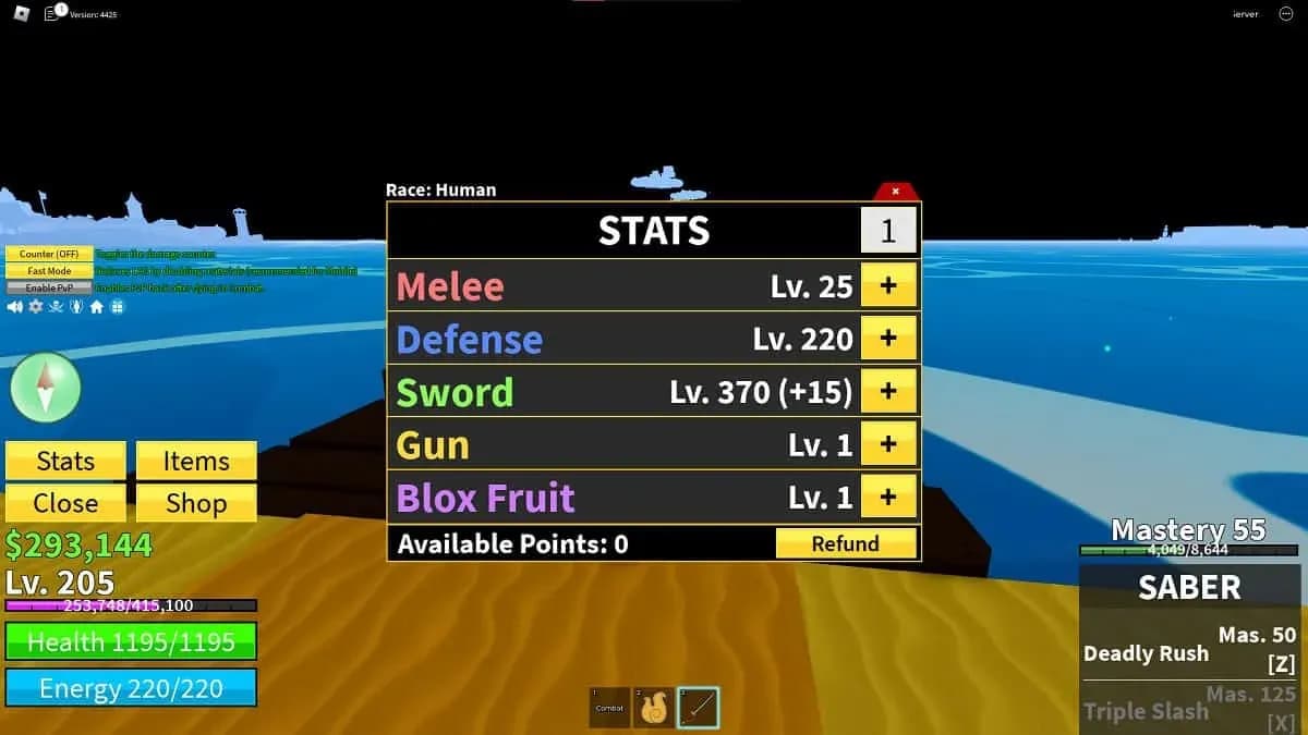 Stat point allocation screen