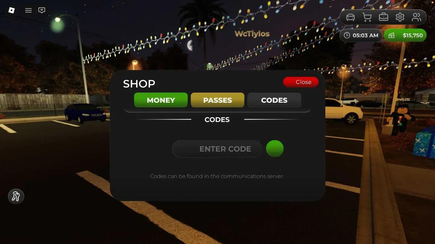 Code entry in the Shop tab