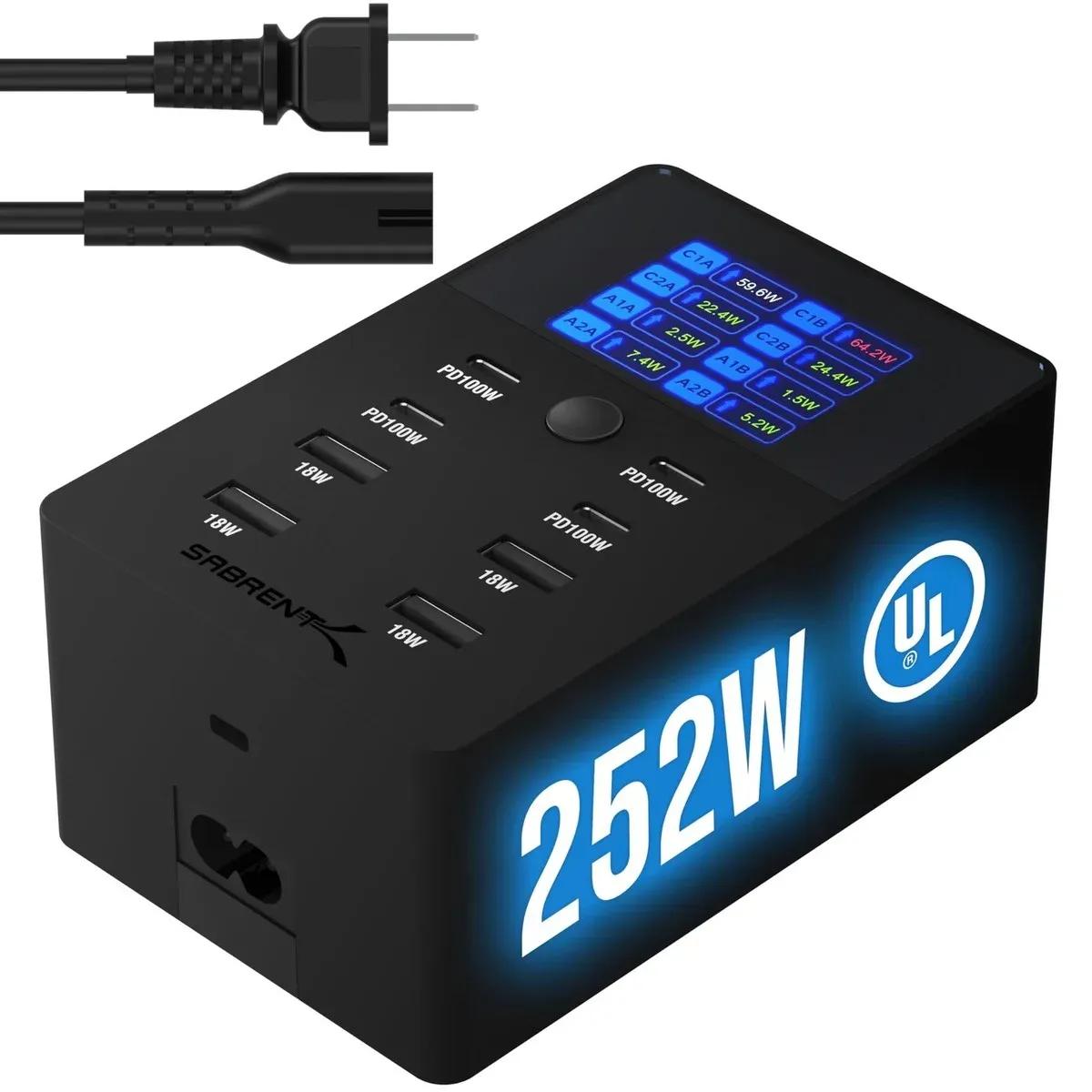 SABRENT Charger, 252W 8-Port Desktop Charging Station 8-Port, Black