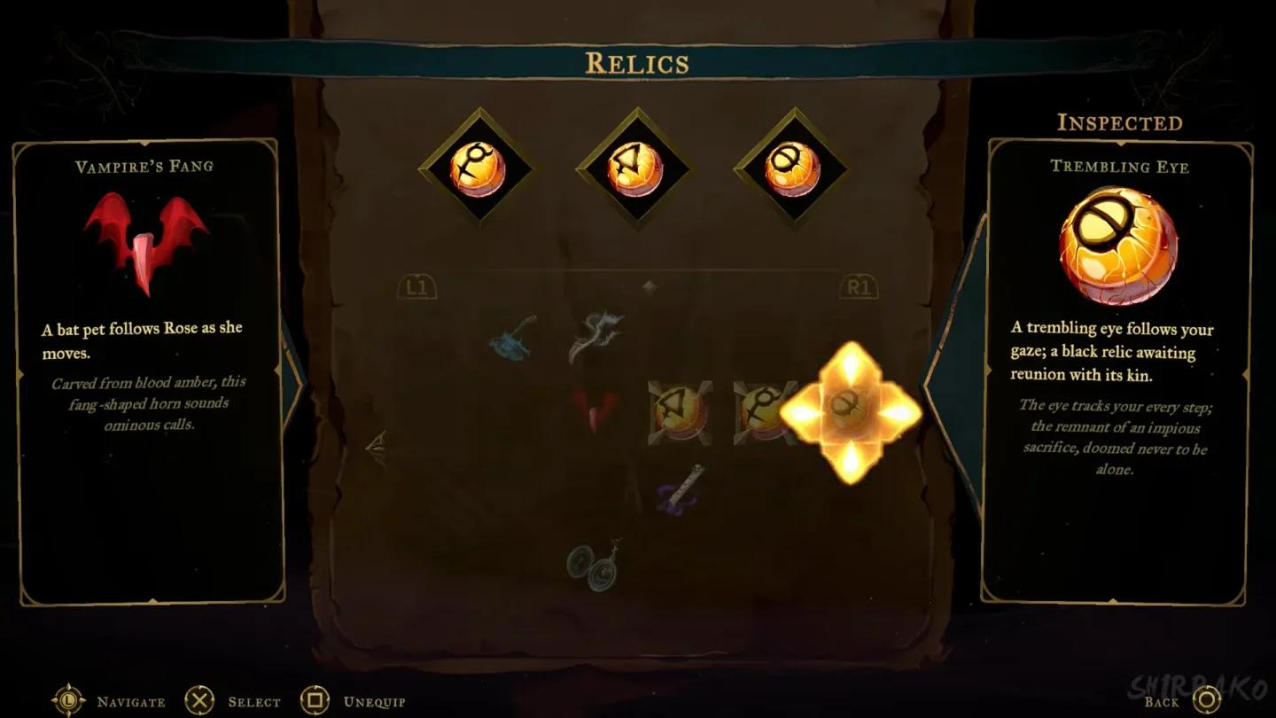 Equipment menu Relics tab showing Thrilling Eye, Trembling Eye, and Oozing Eye all equipped