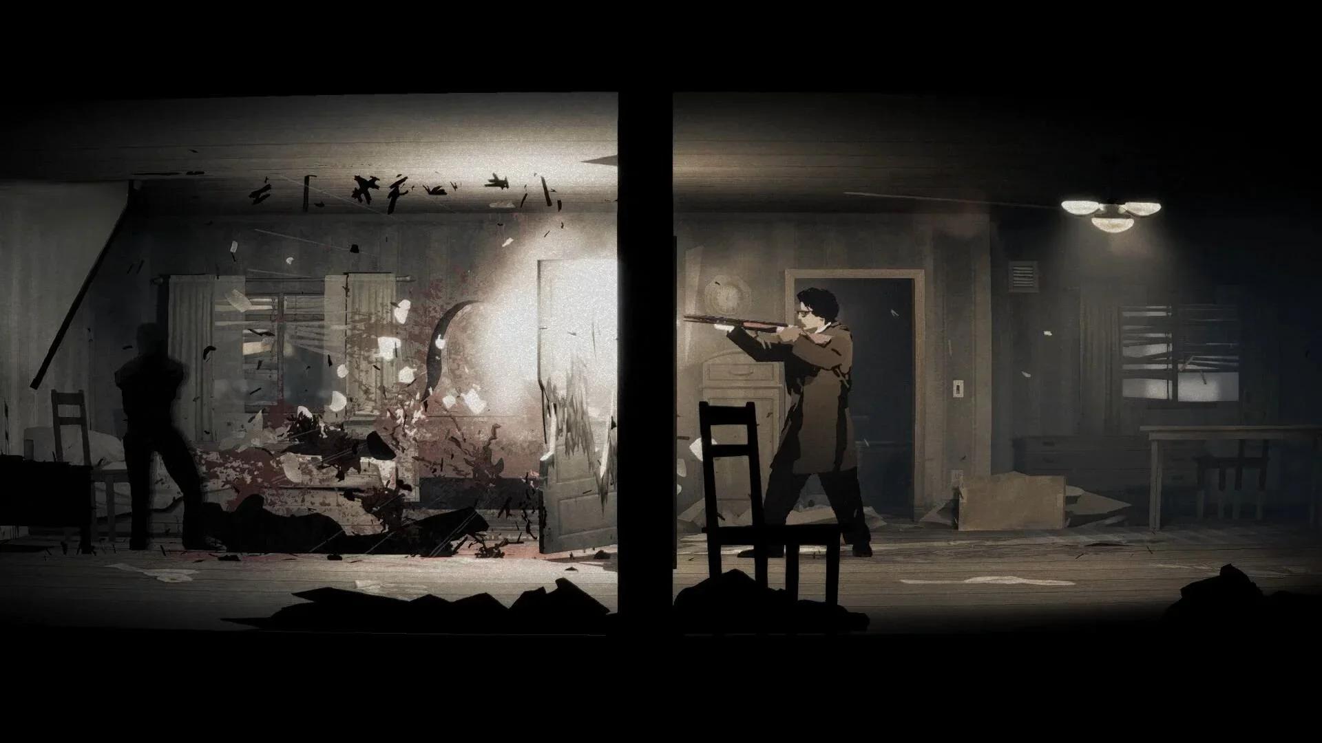 Red Walker, in a trench coat and glasses, fires a long gun through a doorway as blood and debris fly across a wrecked room in Silver Pines.