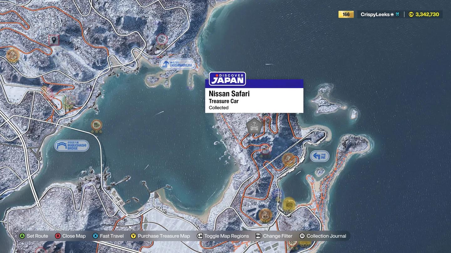 Mappa che mostra la posizione del forziere della caccia al tesoro della Sotoyama region su un lago ghiacciato in Forza Horizon 6